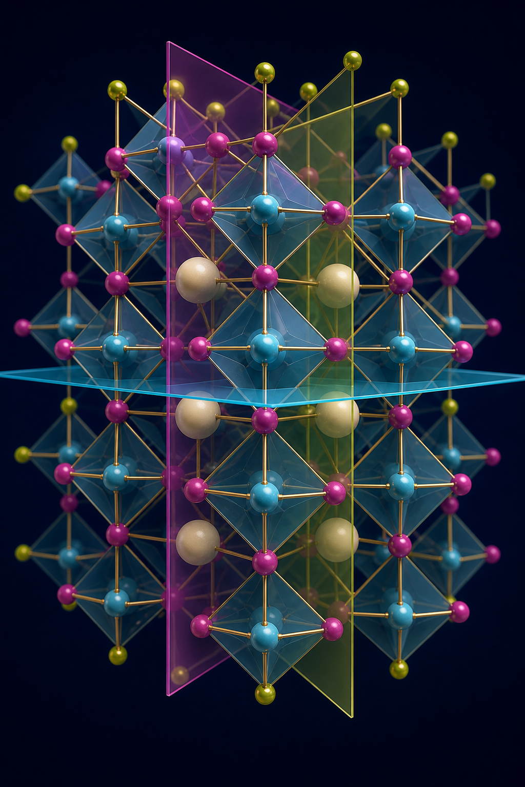 Visualización editorial de una estructura cristalina atomística